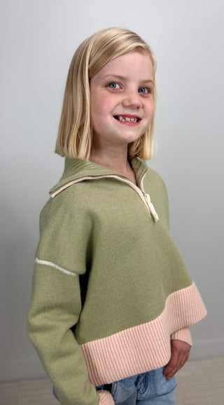 Sage/Pink Zip Collar Girls Sweater - Shop Hidden Treasure Boutique