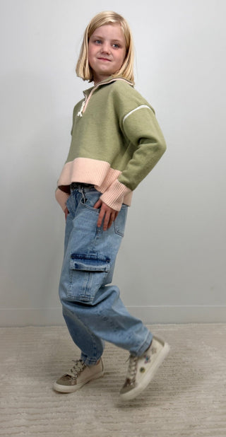 Sage/Pink Zip Collar Girls Sweater - Shop Hidden Treasure Boutique