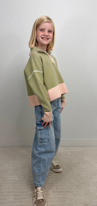 Sage/Pink Zip Collar Girls Sweater - Shop Hidden Treasure Boutique