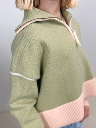 Sage/Pink Zip Collar Girls Sweater - Shop Hidden Treasure Boutique