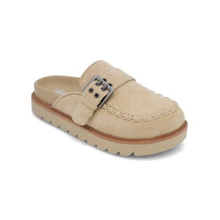 A single beige slip-on mule shoe with a suede-like finish, decorative stitching, a strap with a silver-tone buckle, and a chunky lug sole, shown on a white background.