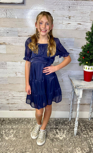 Shimmer Navy Tie Dress - Shop Hidden Treasure Boutique