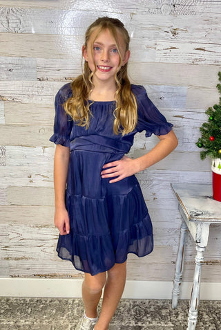 Shimmer Navy Tie Dress - Shop Hidden Treasure Boutique