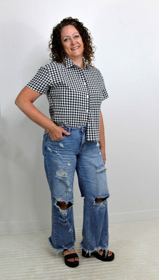 Short Sleeve Black Gingham Top - Shop Hidden Treasure Boutique