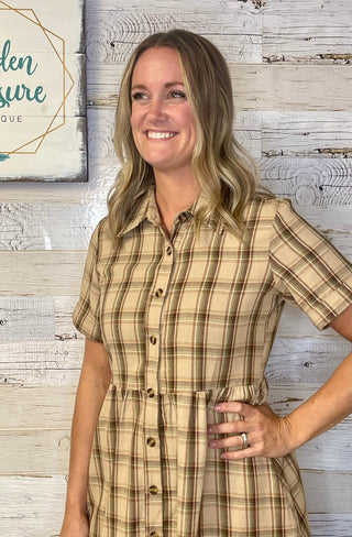 Simply Taupe Plaid Dress - Shop Hidden Treasure Boutique