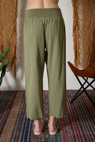 Smocked Wide Leg Olive Pants - Shop Hidden Treasure Boutique
