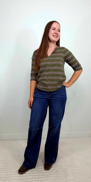 Split Neck 3/4 Sleeve Top - Shop Hidden Treasure Boutique