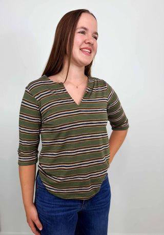Split Neck 3/4 Sleeve Top - Shop Hidden Treasure Boutique