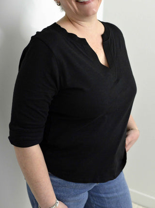 Split Neck Black Tee - Shop Hidden Treasure Boutique