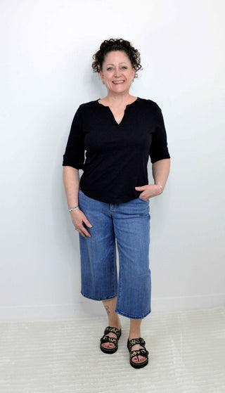 Split Neck Black Tee - Shop Hidden Treasure Boutique