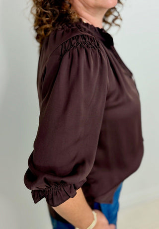 Split Neck Brown Blouse - Shop Hidden Treasure Boutique