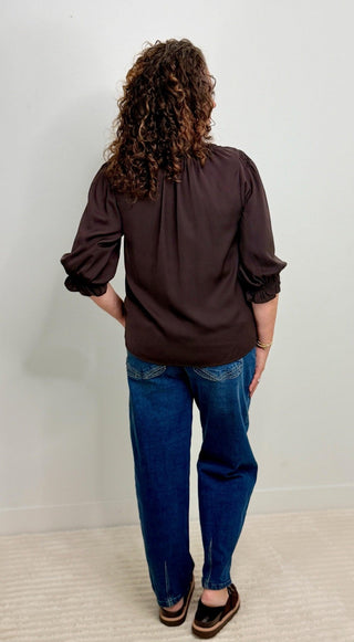 Split Neck Brown Blouse - Shop Hidden Treasure Boutique