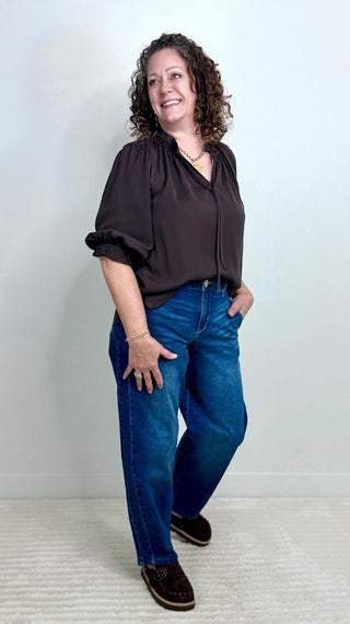Split Neck Brown Blouse - Shop Hidden Treasure Boutique