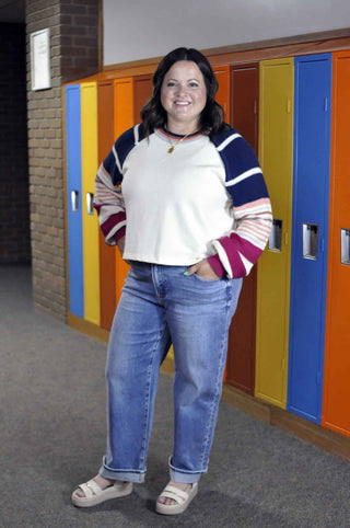 Striped Sleeve Pullover Top - Shop Hidden Treasure Boutique