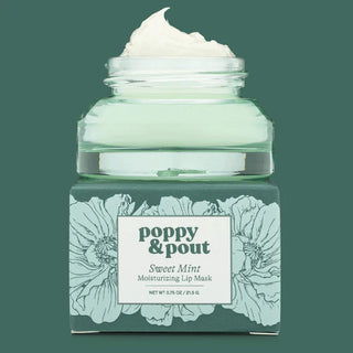 Jar of Poppy & Pout Sweet Mint Moisturizing Lip Mask on a green background