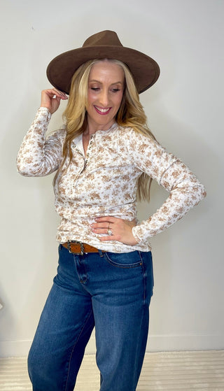 Tan Floral Button Snap Henley - Shop Hidden Treasure Boutique