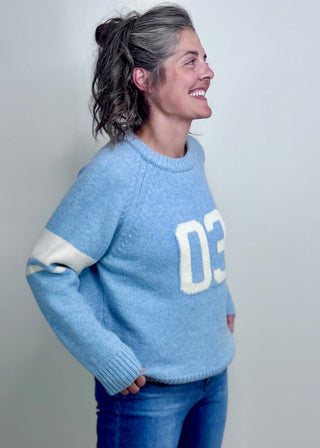 Varsity "03" Blue Sweater - Shop Hidden Treasure Boutique