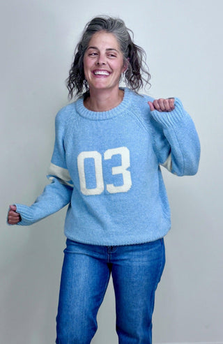 Varsity "03" Blue Sweater - Shop Hidden Treasure Boutique