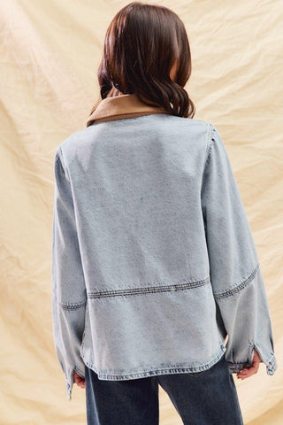 acid wash corduroy collar denim jacket