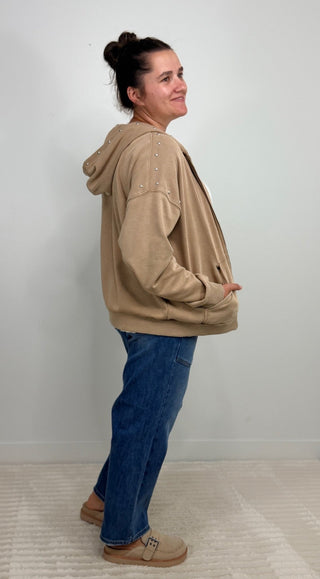 Washed Taupe Stud Zip Up - Shop Hidden Treasure Boutique