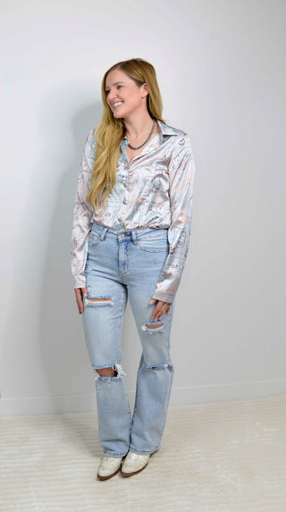 Western Print Satin Bodysuit - Shop Hidden Treasure Boutique