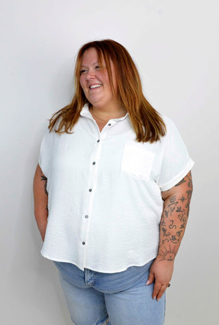 White Woven Button Down - Curvy - Shop Hidden Treasure Boutique