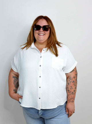 White Woven Button Down - Curvy - Shop Hidden Treasure Boutique