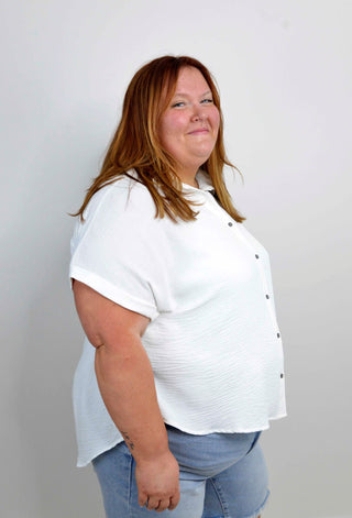 White Woven Button Down - Curvy - Shop Hidden Treasure Boutique