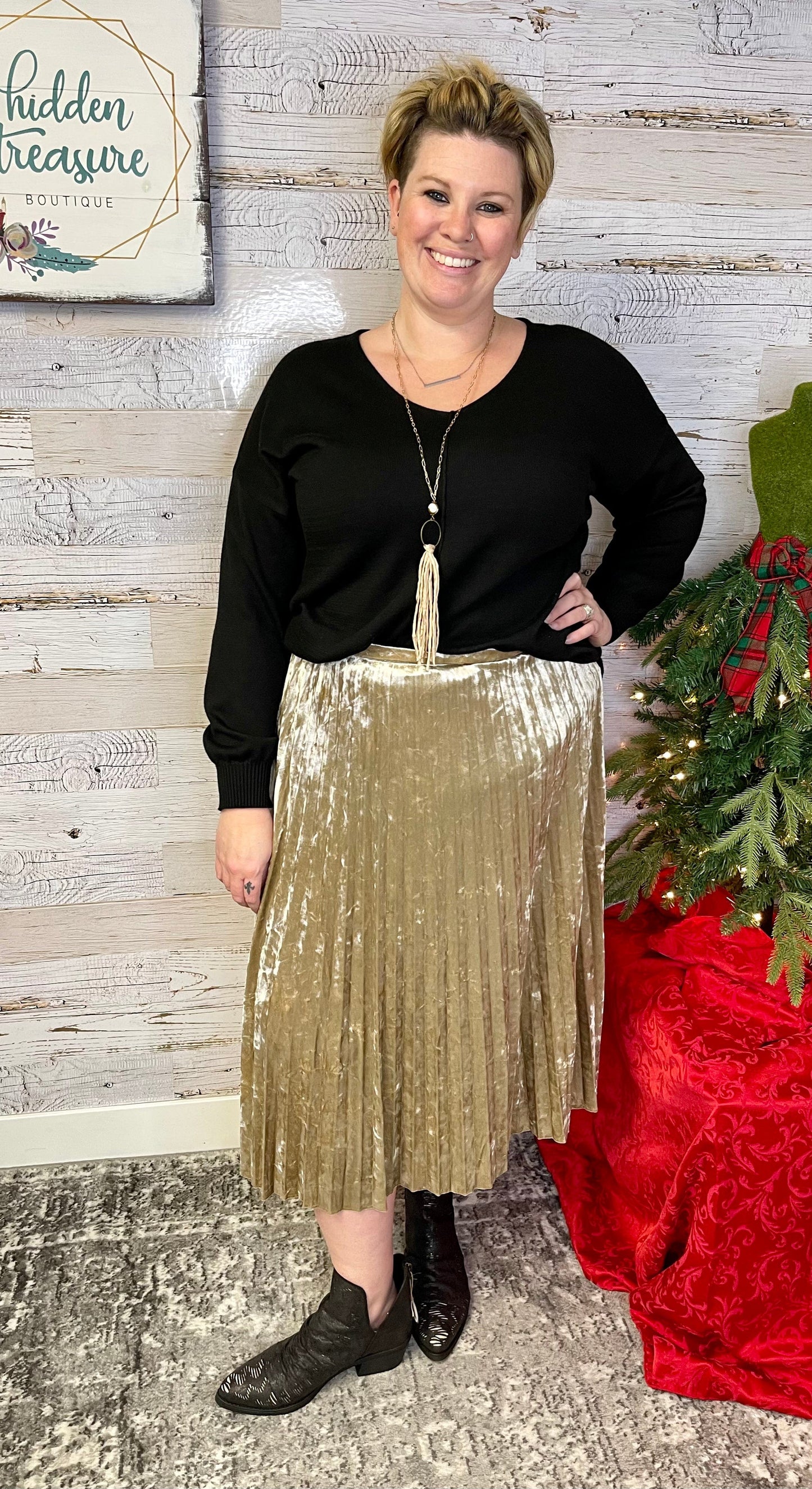 Champagne Velvet Midi Skirt