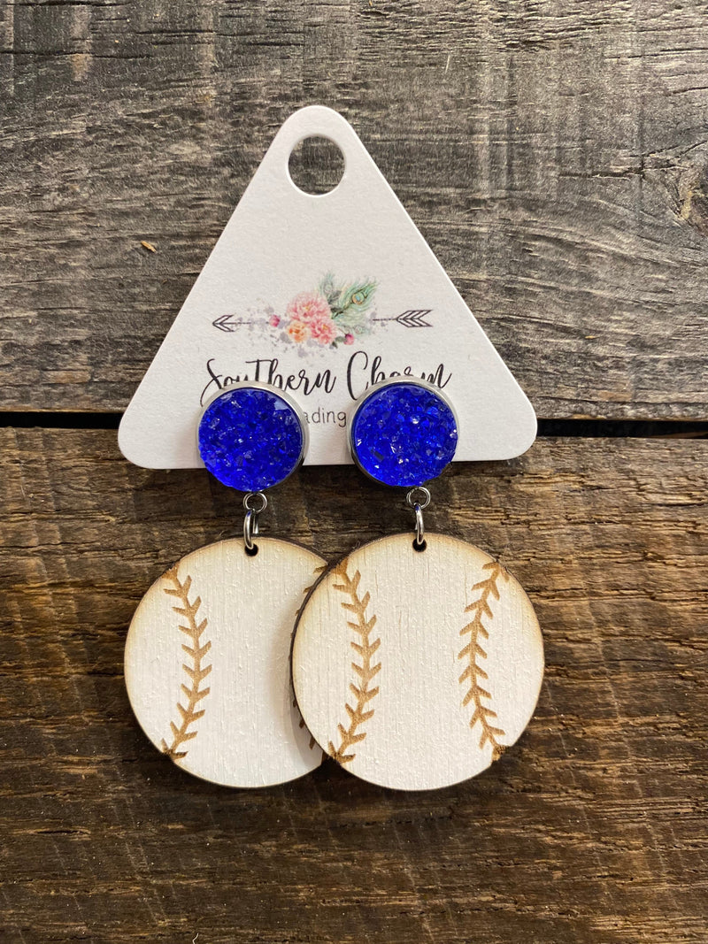 Royal Blue Baseball Earrings