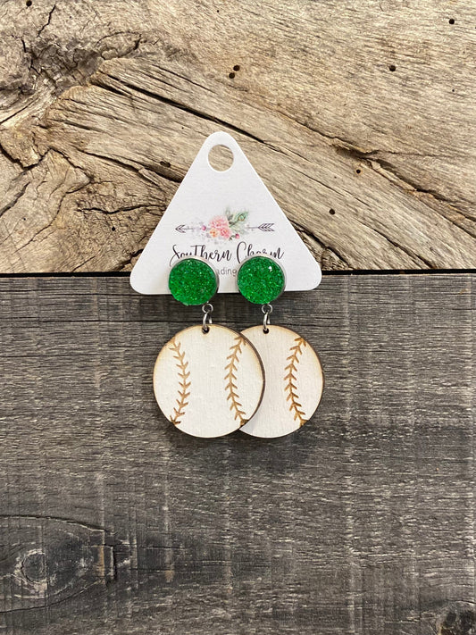 Green Baseball Earrings