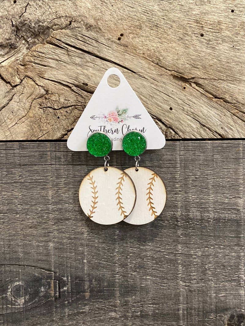 Green Baseball Earrings